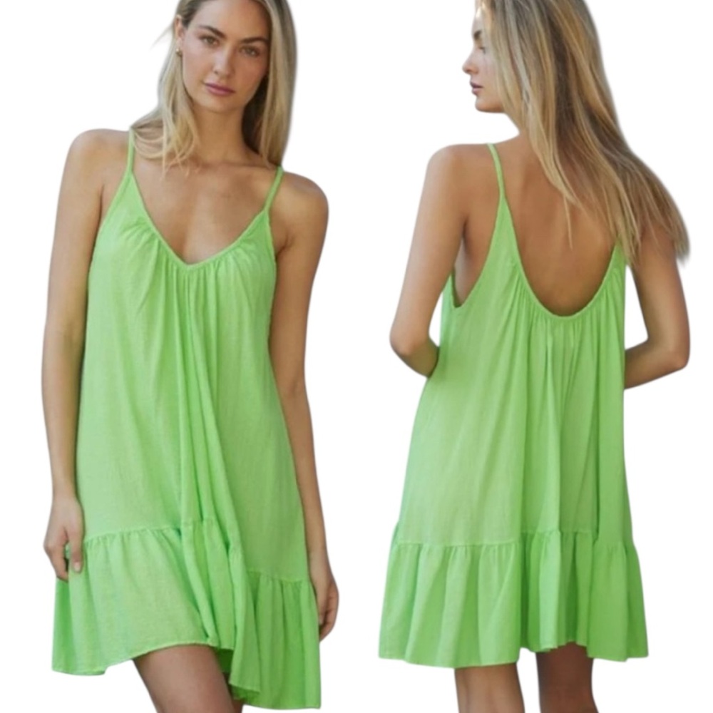 9Seed Cotton Bright Apple Green Swim Coverup Summer Mini Dress w/‎ Ruffle O/S
